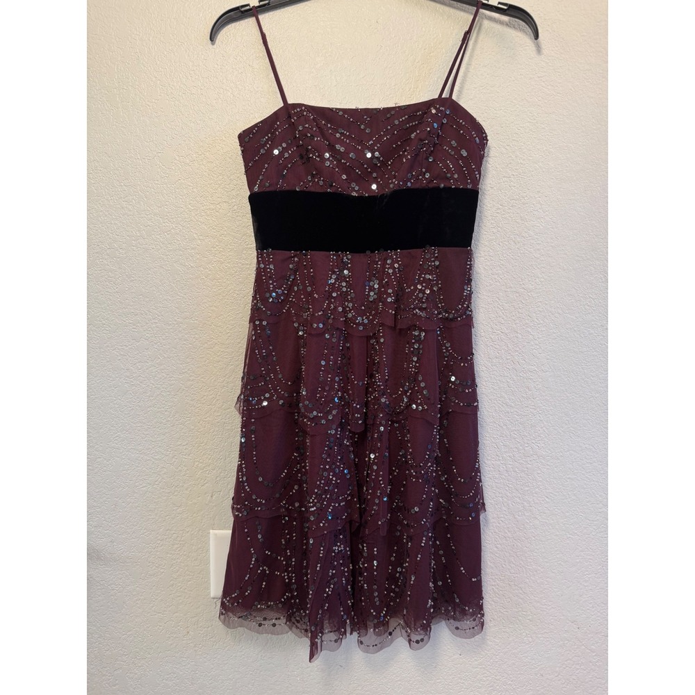 BCBGMAXAZRIA Plum Sequin Mesh Tiered Cocktail Dress with Velvet Waist Size 4